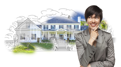 Mixed Race Female Gazing Over House Drawing and Photo