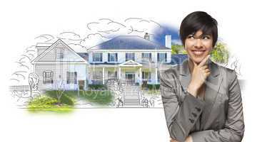 Mixed Race Female Gazing Over House Drawing and Photo