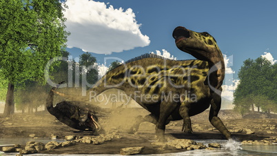 Shantungosaurus defending from tarbosaurus dinosaur attack - 3D
