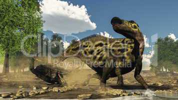 Shantungosaurus defending from tarbosaurus dinosaur attack - 3D