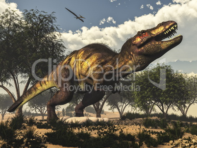 Tyrannosaurus rex dinosaur protecting its eggs - 3D render