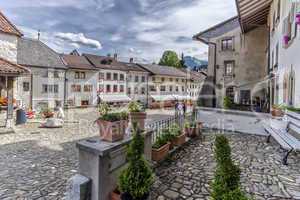 Street in Gruyeres village, Fribourg, Switzerland