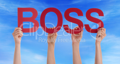 Hands Holding Red Straight Word Boss Blue Sky