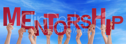 People Hands Holding Red Word Mentorship Blue Sky