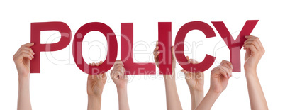 Many People Hands Holding Red Straight Word Policy