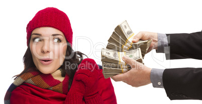 Mixed Race Young Woman Being Handed Thousands of Dollars