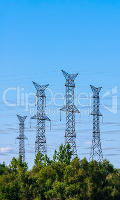 Four electrical towers on sky behind trees