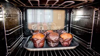 Baking muffins in the oven, view from the inside of the oven. Cooking in the oven.