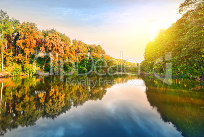 Pink sunrise over river