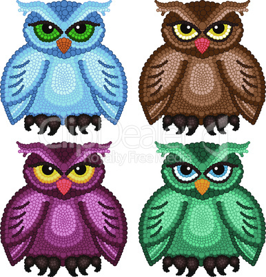 Set of four funny owls
