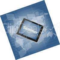 summer word on tablet pc screen, digital touch screen, holiday concept, summer card