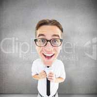 Composite image of geeky businessman with mug