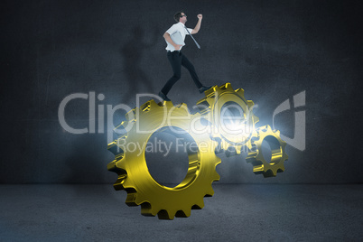 Composite image of geeky businessman running late