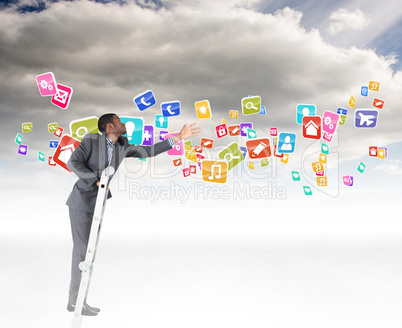 Composite image of businessman climbing up ladder