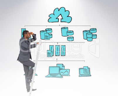 Composite image of businessman standing on ladder looking Composite image of businessman standing on ladder looking