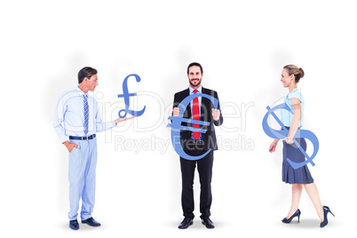 Business people holding money symbols