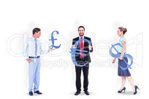 Business people holding money symbols