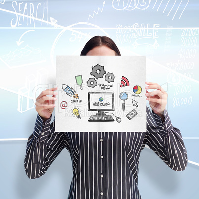 Composite image of smiling woman showing a big business card in