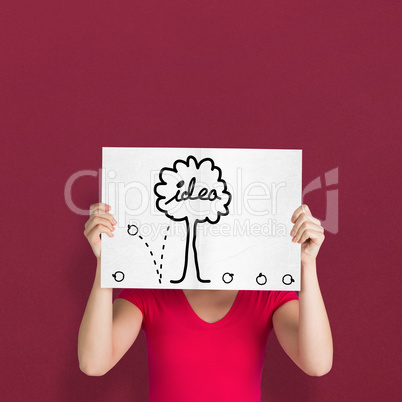 Composite image of woman in pink t-shirt showing card