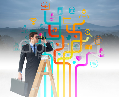 Composite image of businessman looking on a ladder