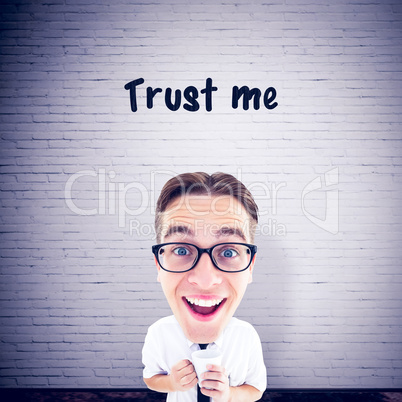 Composite image of geeky businessman with mug