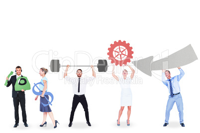 Business people holding large icons Business people holding large icons