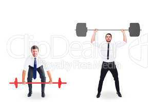 Businessmen lifting barbells over head