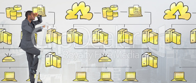 Composite image of businessman standing on ladder looking