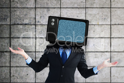Composite image of businessman with open hands looking at the ca