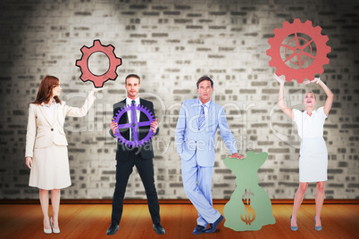 Composite image of business people with icons graphics