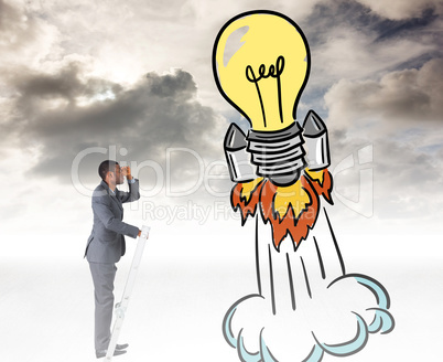 Composite image of businessman standing on ladder looking