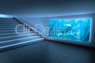 Composite image of room with large display