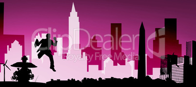 Composite image of businessman jumping with briefcase