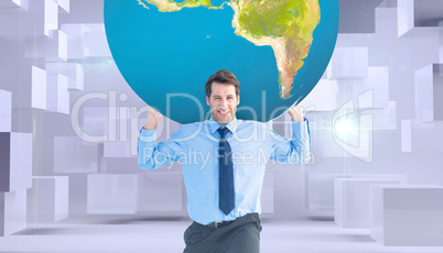 Composite image of businessman carrying the world