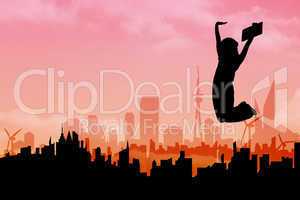 Composite image of woman cheering silhouette