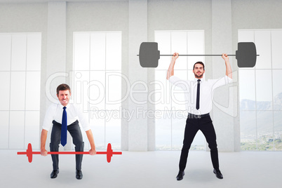 Composite image of businessmen lifting barbells