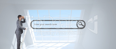 Composite image of businessman standing on ladder looking
