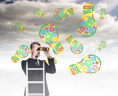 Composite image of businessman looking on a ladder Composite image of businessman looking on a ladder