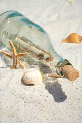 Flaschenpost und Muscheln liegen auf dem Sandstrand