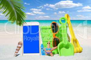 Weißes Smartphone, Sonnenbrille und Spiezeug am Strand
