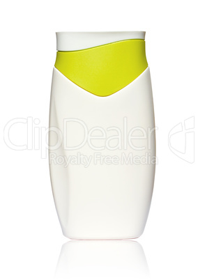 Weiße Flasche Sonnenmilch gespiegelt und isoliert