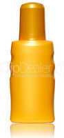 Gelbe Flasche Sonnenmilch gespiegelt und isoliert