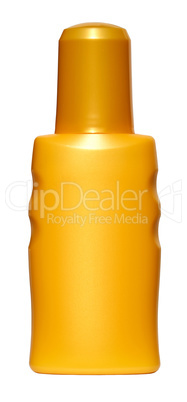 Gelbe Flasche Sonnenmilch isoliert vor weißem Hintergrund