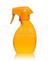 Orange Flasche Sonnenspray gespiegelt und isoliert