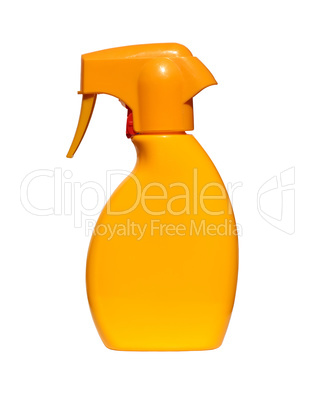 Orange Flasche Sonnenspray isoliert vor weißem Hintergrund