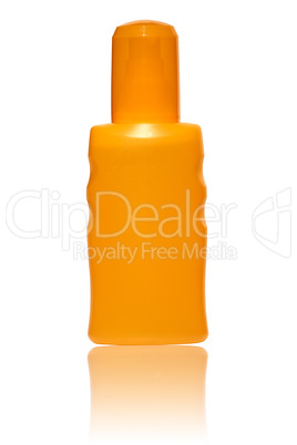 Orange Flasche Sonnenmilch gespiegelt und isoliert