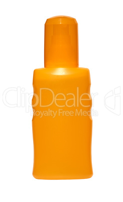 Orange Flasche Sonnenmilch isoliert vor weißem Hintergrund