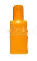 Orange Flasche Sonnenmilch isoliert vor weißem Hintergrund