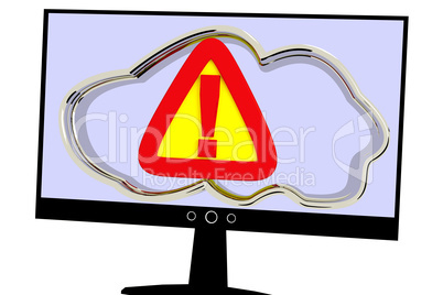 Computer screen with cloud and caution sign