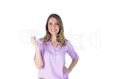 Portrait of a beautiful casual businesswoman showing a sign